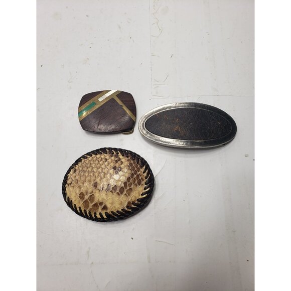 Set Of 3 Vintage Leather Snakeskin Oval Shaped Solid Brass Belt Buckles - Picture 1 of 10